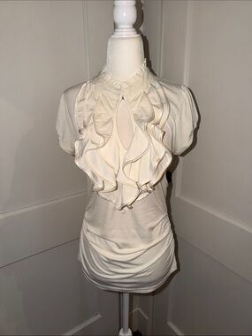 Women’s HeartSoul Cream Ruffle Front Short-Sleeve Blouse Medium